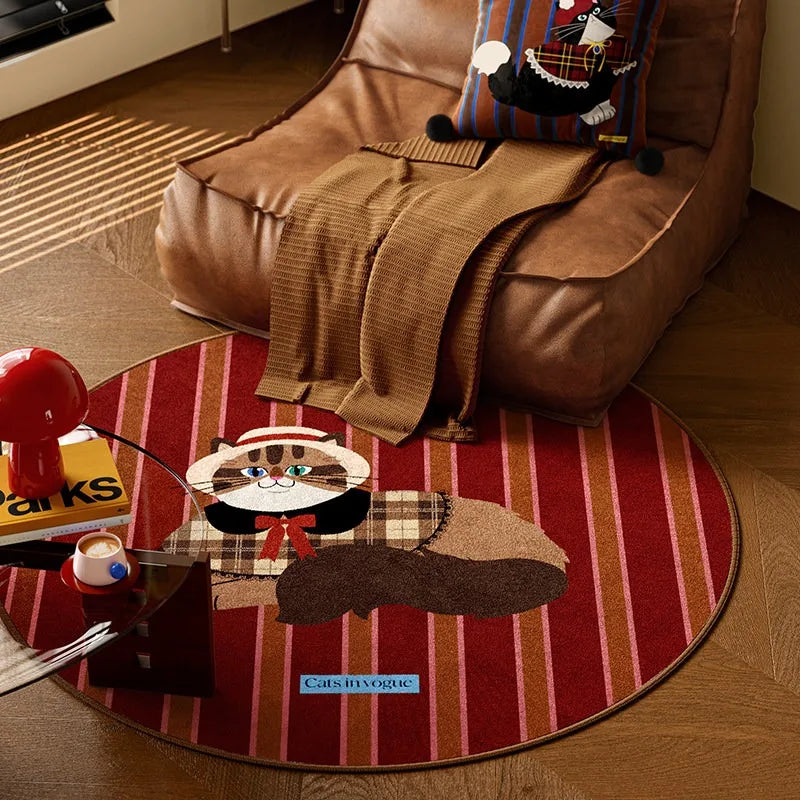 YICKYUE  -  Living Room Carpet Featuring Cat Model Design Bedroom Floor Mat Retro High-end Round Rug Comfortable Loop Pile Home Decor Rugs