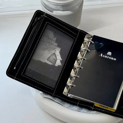 YICKYUE  -  Black PU  A7 Loose Leaf Binder Journal Notebook Diary Cover Ring Planners Organizer Easy Carrying Agenda