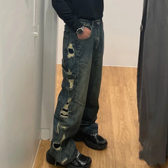 Hearujoy Both Side Hole Ripped Casual Bootcut Men and Women Streetwear Washed Blue Jeans Pants Distressed Casual Denim Trousers Oversize