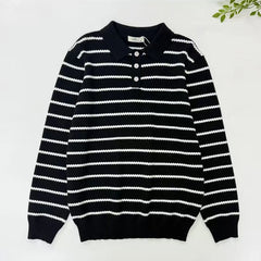 HEARUJOY  -  Men's Button Polo Collar Business Stripe Pullover Sweaters Streetwear Fashion Loose Casual Vintage Knitted Sweater For Male Tops