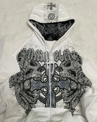 Hearujoy Affliction Street Hoodie Y2K Retro Gothic Skull Oversize Zipper Hoodie Mens Womens Hip Hop Casual Sweatshirt Personality Hoodie