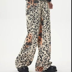 HEARUJOY  -  High Street Retro Jeans Mens Washed Old Leopard Print Full Print Cowboy Trousers Hip Hop Straight Wide Leg Denim Overalls Summer