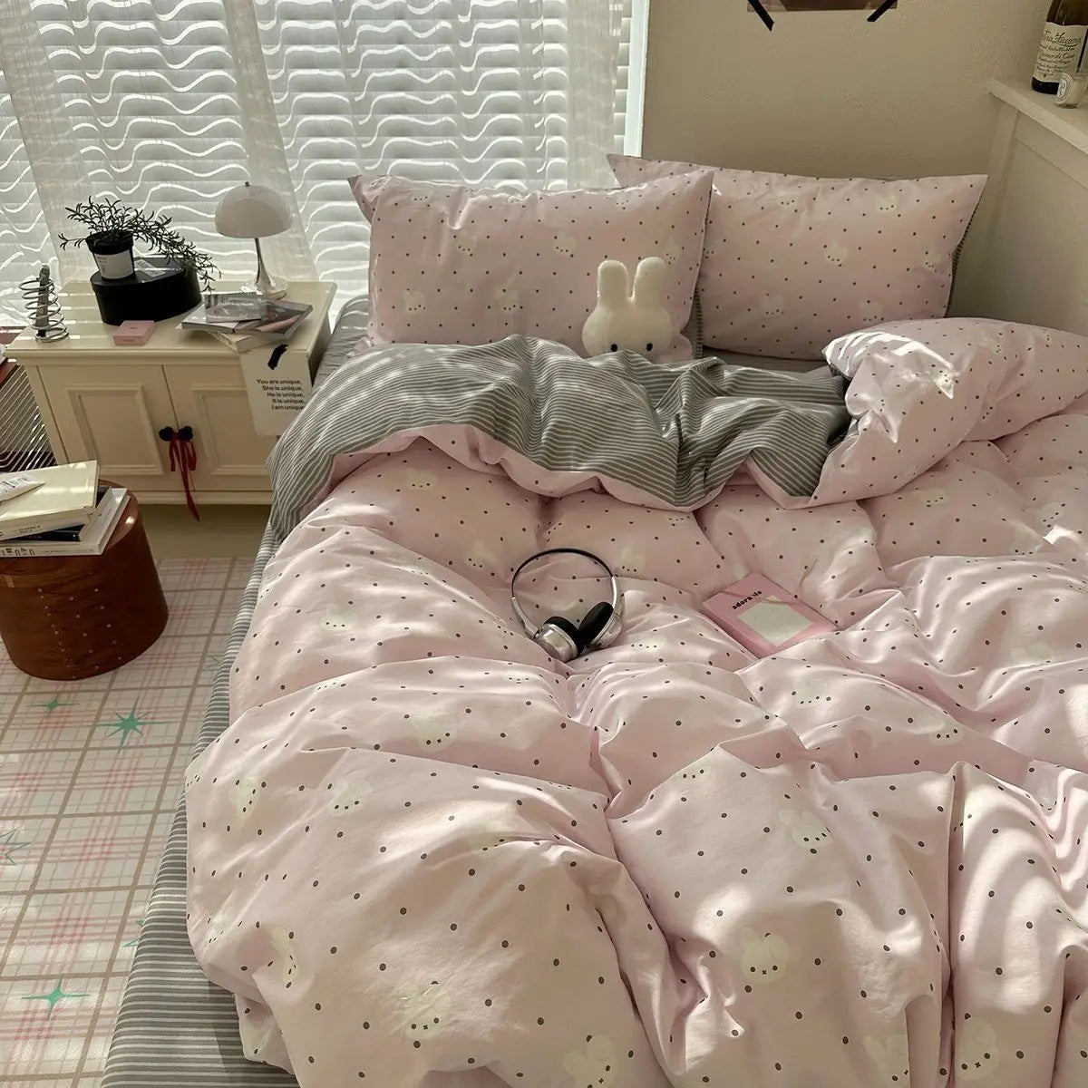 YICKYUE  -  Cartoon Anime Bed Four Piece Set Lanyard Miffy Girly Heart Pure Cotton Skin-friendly Quilt Cover Bed Sheets Dormitory Student