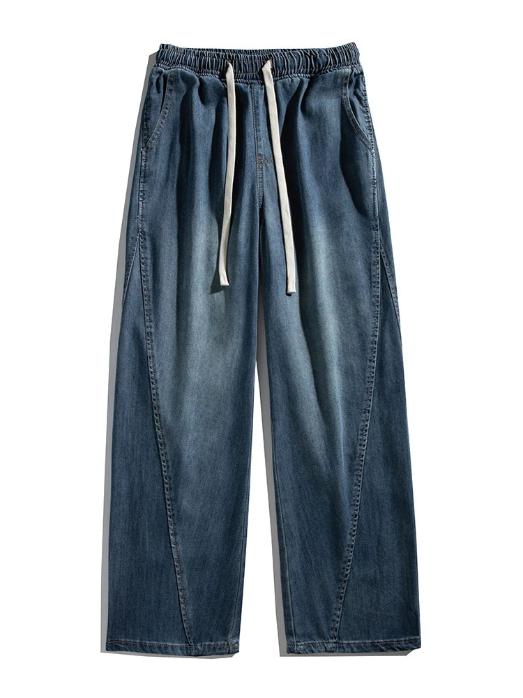 HEARUJOY  -  Summer Men's Lightweight Jeans Korean Fashion Breathable Cotton Drawstring Wide-Leg Baggy Denim Pants Straight Jean Trousers