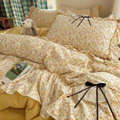YICKYUE  -  3/4Pcs Bedding Set Euro Princess Bedding Duvet Cover Cotton 100% Lace Bow Bed Linen With Ruffles Double Bed Lace Pillowcase