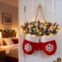 YICKYUE  -  Christmas Mitten Wreath Lighted Garland for Front Door Decoration, Artificial Twinkling Xmas Party Decor, Creative Glove Shaped