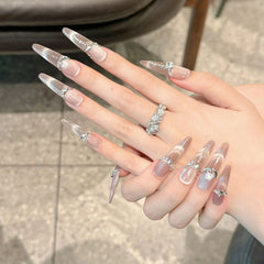 YICKYUE  -  Handmade Press on Nails Glitter Rhinestone Purple Cat Eye Fake Nails Full Cover Wearable European Long Oval Head False Nails