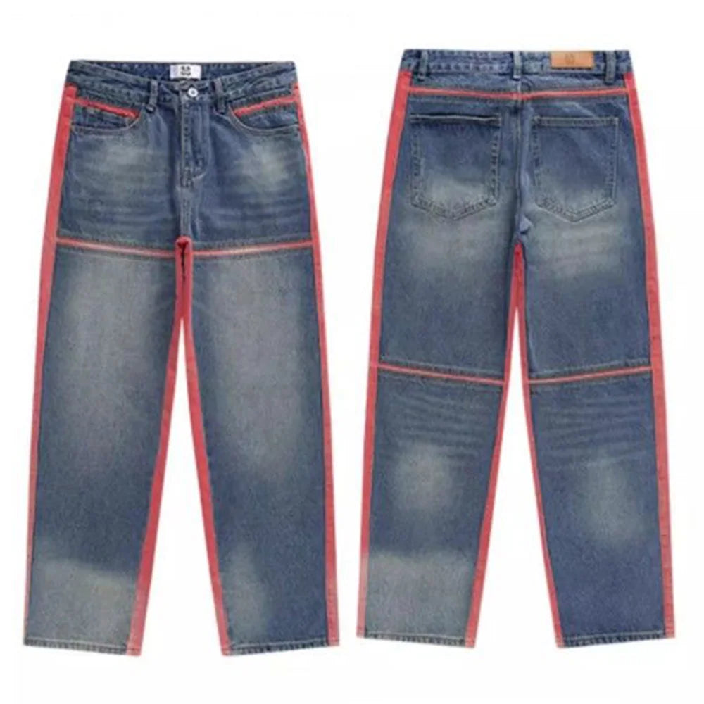 Hearujoy Autumn Fashion Contrast Color Trend Striped Pants Men Hip Hop Y2k Jeans American High Street Loose Straight Casual Trousers