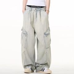 Hearujoy High Street Side Big Pockets Washed Baggy Mens and Womens Blue Jeans Pants Straight Ropa Hombre Loose Denim Trousers Oversized