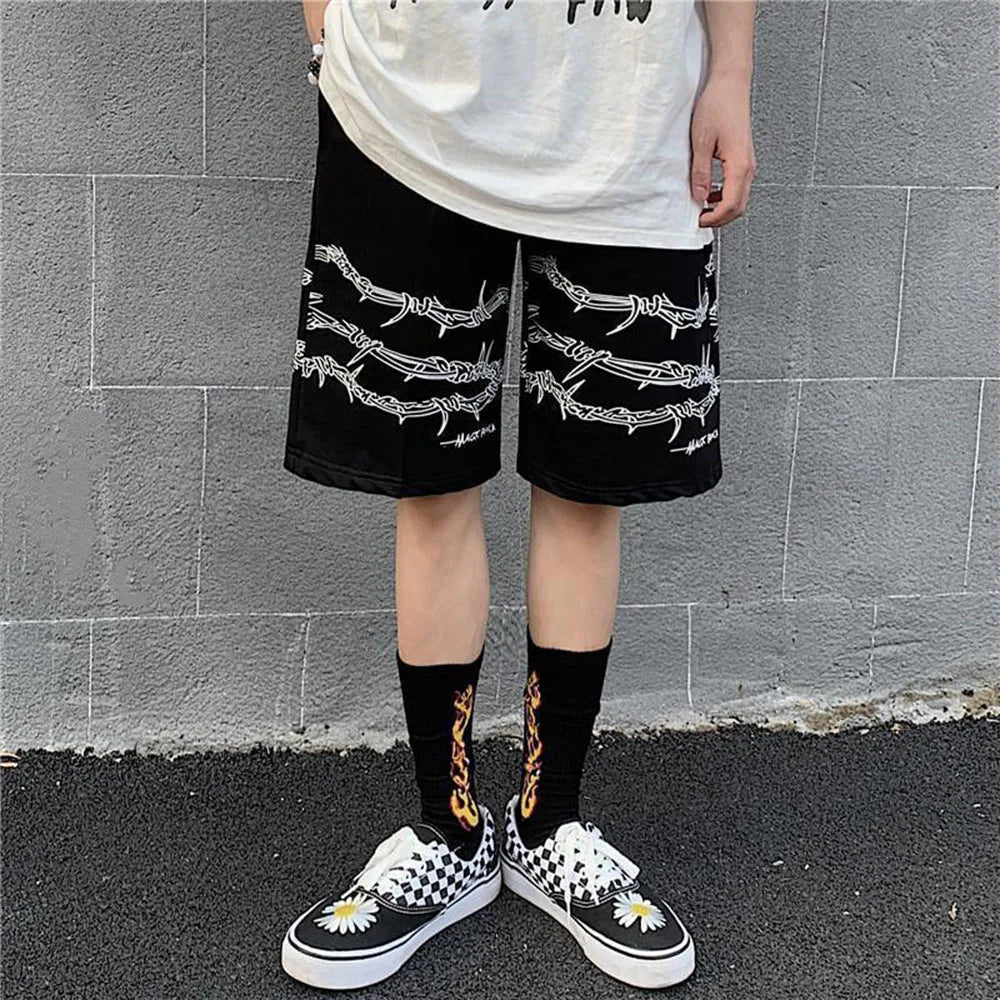 Hearujoy Mens Casual Shorts Summer Hip-Hop Street Harajuku Style Personalized Print Simple Sports Shorts Boys Loose Straight Pants