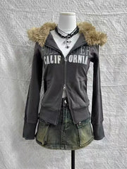 Hearujoy Street vintage alphabet print plus fleece hoodie woman y2k Goth original fashion coat Cardigan Spice casual loose sport coat