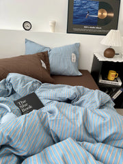 YICKYUE  -  Washed Cotton Stripe Mix Matching Bloggers Style Bedding Set Pure Cotton Three Piece Duvet Cover Student Four Piece Sheet Set
