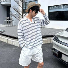 YICKYUE  -  American Style Striped Color-blocking Polo Shirt Men Summer Thin Ice Silk Sunscreen V-neck Long Sleeve Top Fashion Versatile Tee