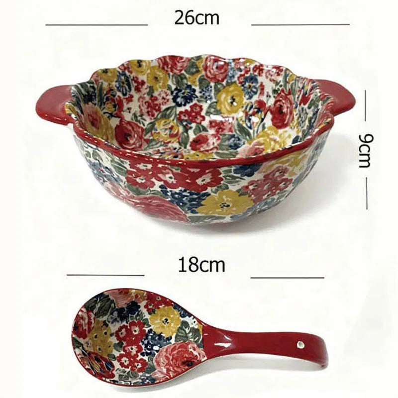 YICKYUE  -  Ceramics Soup Bowl Delicate Cookware Double Handle Large Capacity Bowl With Spoon Underglaze Color Home Utensils For Kitchen