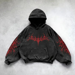 Hearujoy Gothic Punk Oversized Graphic Print Black Hoodies Loose Harajuku Long Sleeved Pullover Men and Women Sweatshirt Tops Y2k Hoodie