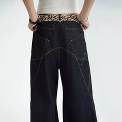Hearujoy Man Pants Jeans Y2K Unique Five Pointed Star Stitching Design Dark Wash Denim Bootcut Trousers Baggy Jeans Unisex Men's Clothes
