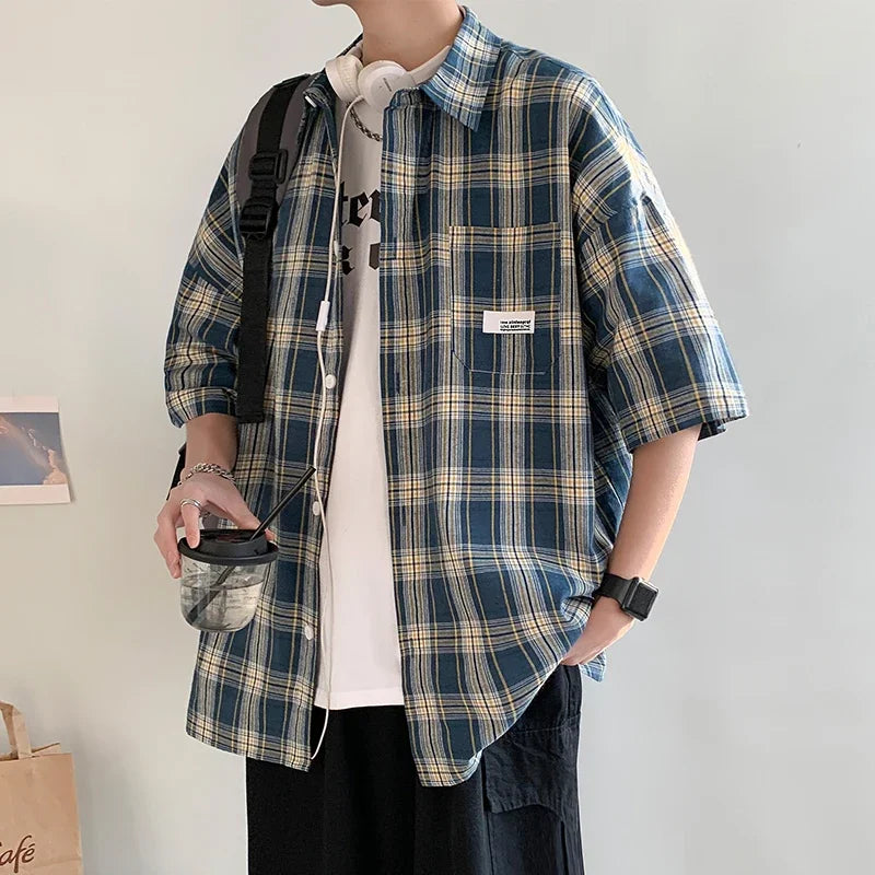 HEARUJOY  -  Y2k Streetwear Plaid Men Shirts New Summer Fashion Chemise Homme Fashion Mens Checkered Shirts Short Sleeve Men Blouse