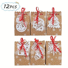 YICKYUE  -  12 Pcs Christmas Kraft Paper Gift Bags With Hanging Tags And Xmas Ribbon, Holiday Treat Sacks With Snowman, Santa, Tree, Sock
