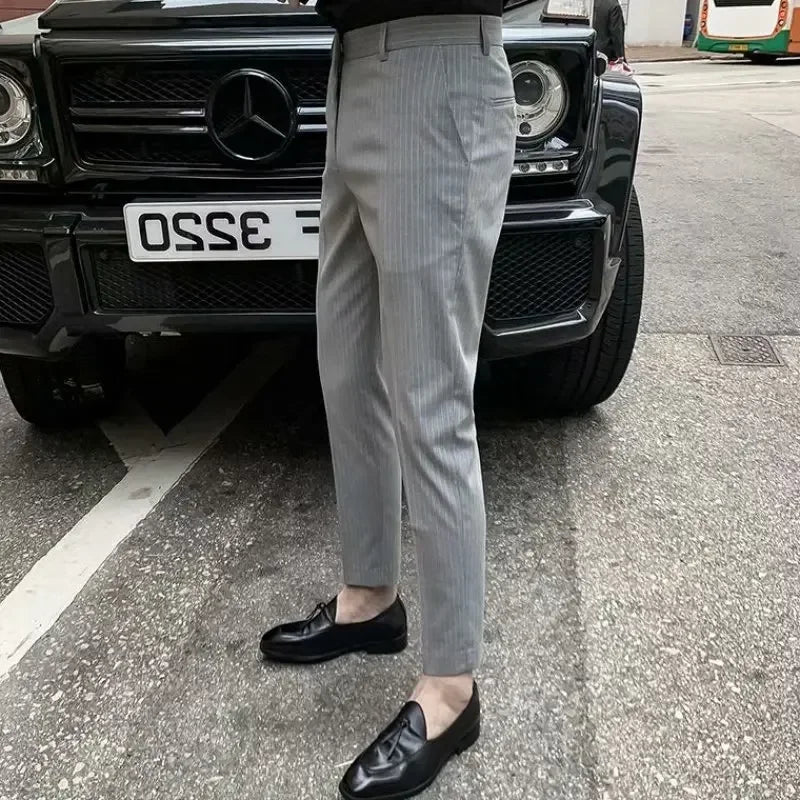 HEARUJOY  -  Men Suit Pants Long Pant Straight Trousers Pockets Splice Slim Fit Striped High Waist Regular Casual Autumn Winter 2025 New