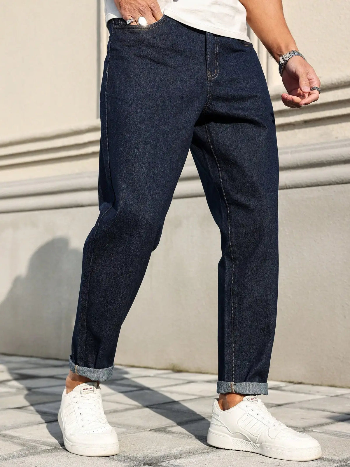 HEARUJOY  -  Men's deep blue slim-fit five-pocket denim trousers, casual and stylish, with a slim cut that accentuates long legs, versatile a