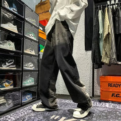 HEARUJOY  -  New Vintage Gradient Letter Prined Baggy Jeans Men High Street Straight Wide Leg Pants Korean Fashion Casual Black Y2K Jean