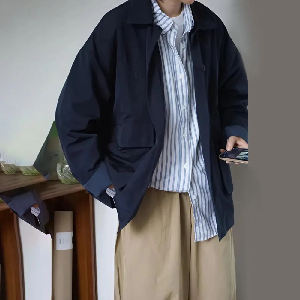 Hearujoy Spring And Autumn Fashion Casual Loose Retro Jacket Unisex Solid Color Lapel Basic Versatile Functional Jacket Coat For Men