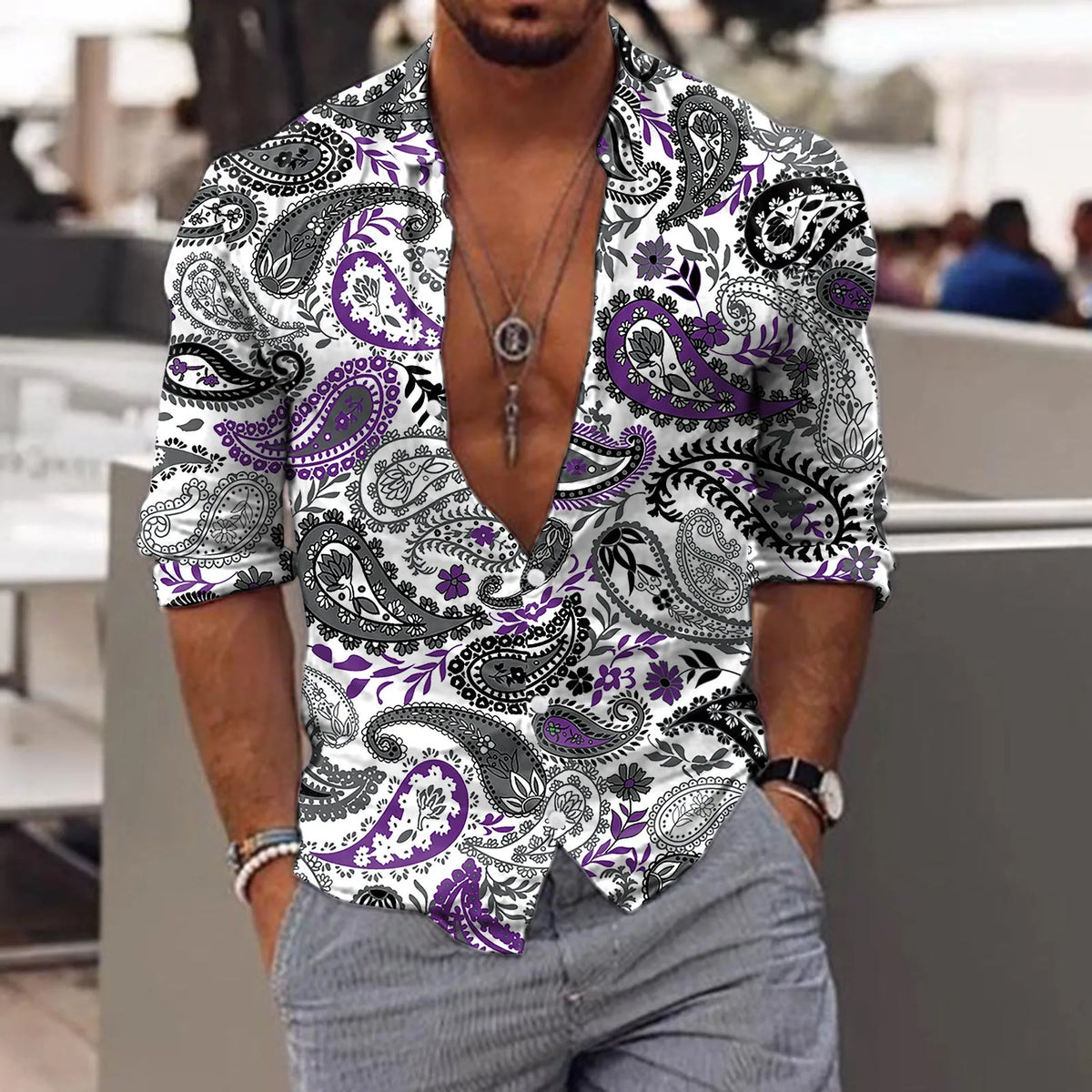 HEARUJOY  -  Fashion Roll-Up Sleeves Men'S Button Down Shirt Men Long Sleeve Winter Casual Printed Shirts Fashion Top Blouse Camisa Masculina