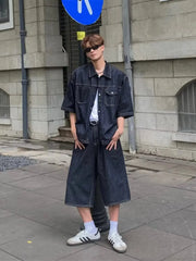 HEARUJOY  -  Cowboy Retro Set Mens Summer Big Pocket Washed Denim Shirt+loose Wide Leg Seven Quarter Jeans 2-cps American Street Unisex Suit