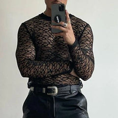 Hearujoy Mens Lace Perspective Hollow Sports Fitness Slim Long-Sleeved Top Autumn Sexy Nightclub Breathable Bottoming Shirt For Men