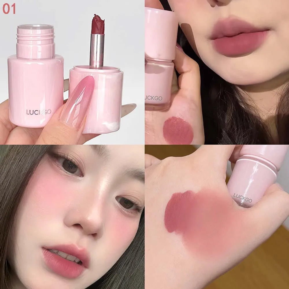 YICKYUE  -  1 Pcs 2-in-1 Silky Velvet Matte Lipstick Lip Gloss Nude Pink Waterproof Long Lasting Natural Easy To Color Blush Makeup Cosmetic