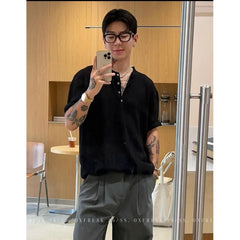 YICKYUE  -  Summer Solid Color Henley Neck Short Sleeve T-Shirt  Men's Breathable Cotton Crew Neck Casual Tee Regular  Fit Clothing XXL