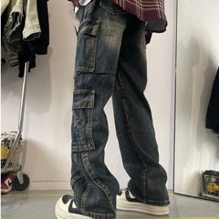 Hearujoy Men's Patchwork Blue Cargo Jeans Unisex Straight Casual Trousers Men Muti-pockets Hip Hop Streetwear 90s Vintage Fashion Pants