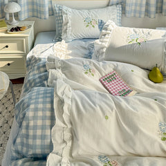 YICKYUE  -  Korean Princess Style Double Layer Lace Flower Embroidery 100% Cotton Bedding Set Plaid Style Duvet Covers Bed Sheet Pillowcases