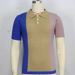 HEARUJOY  -  Summer New Mens contrast color Polo Shirts Knitwear Fashion Patchwork Knit Tops Short Sleeve Button Lapel Polo Tee Tshirt