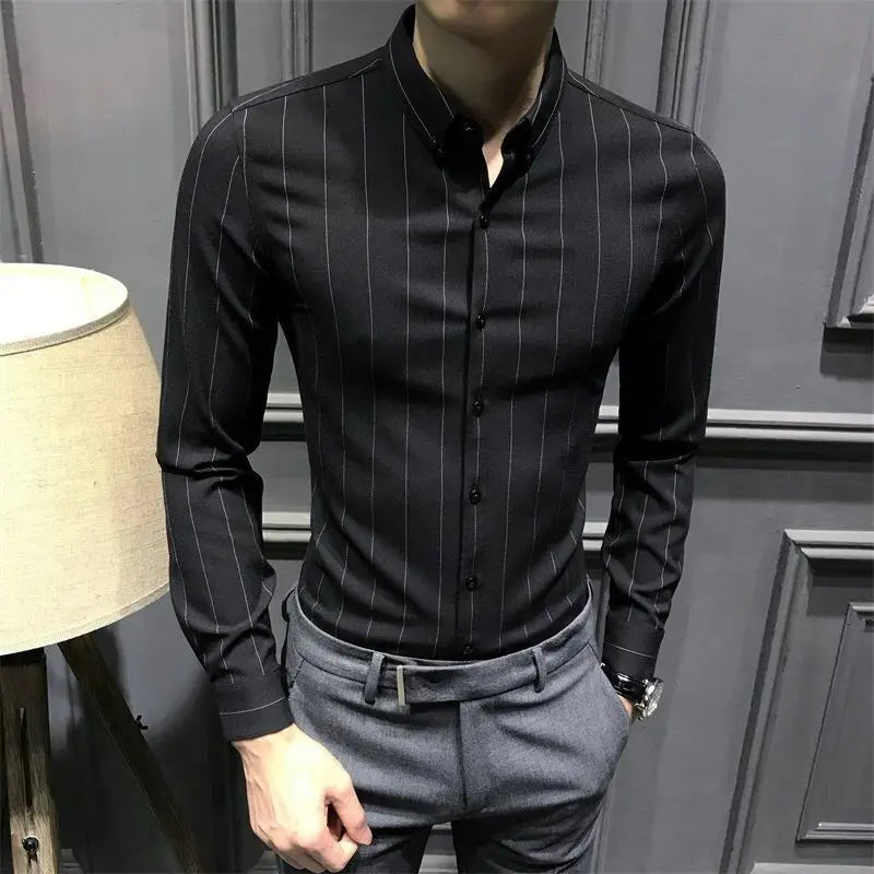 HEARUJOY  -  Trendy Handsome Men's Shirt Long Sleeve Non Iron New Casual Korean Vertical Stripe Slim Fit Black Business