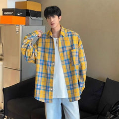 HEARUJOY  -  Casual Yellow Plaid Long-sleeved Lapel Shirt Versatile Loose Jacket for Men and Women Couples