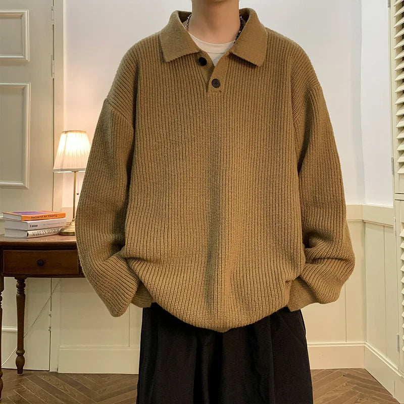 HEARUJOY  -  Vintage Mens Polo Neck Sweater Autumn Winter Long Sleeved Knitted Top Japanese Lazy Style Fashion Loose Knit Sweater Thick