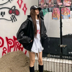 Hearujoy High Street Black Color Pu Leather WIndbreaker Coat Mens and Women Cleanfit Casual Loose Zipper Hooded Jackets Oversized