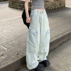Hearujoy High Street Side Big Pockets Washed Baggy Mens and Womens Blue Jeans Pants Straight Ropa Hombre Loose Denim Trousers Oversized