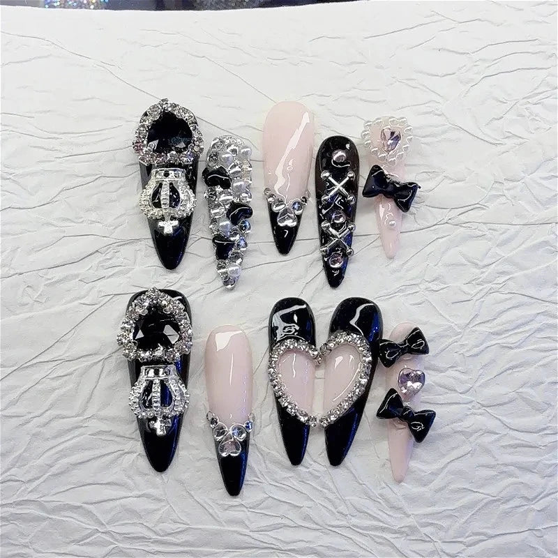 YICKYUE  -  10PCS Handmade Press on Nails Spicy Girls Black Pink Long Almond Fake Nails Wearable Heavy Metal Rhinestome Bow False Nails