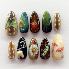 YICKYUE  -  24Pcs False Nails Forest Print Almond Shape Butterflies Mushrooms and Polka Dots Press-On Nails—Perfect As A Gift for Girls