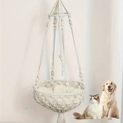 YICKYUE  -  1pcs Bohemian Handwoven Cotton Rope Cat Hammock - Hanging Rattan Bed for Indoor Cats  Pet Basket with Macrame Design