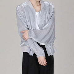 Hearujoy Mens Casual Satin Jacket Genderless 2024 Spring Summer New Fashion Thin Breathable Simple Soft Solid Color Jacket Unisex