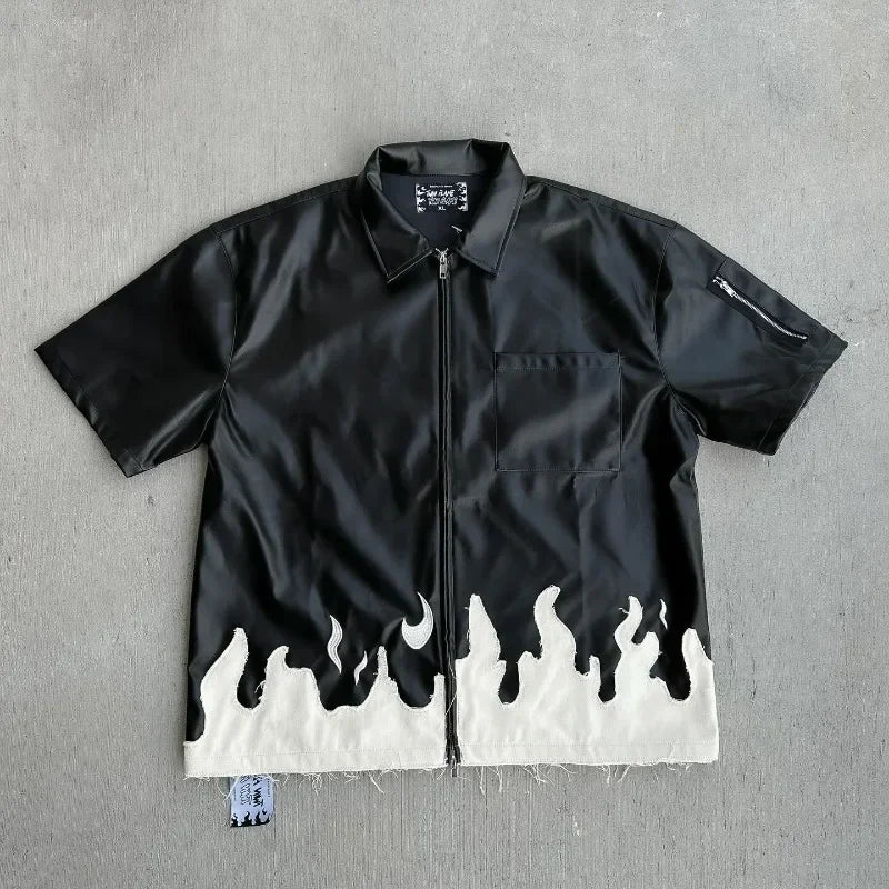 Hearujoy Summer New Leather Short Sleeve Y2K VIntage Harajuku Fashion T-shirt Men's Street Hip Hop Casual Collar Zipper T-shirt Top