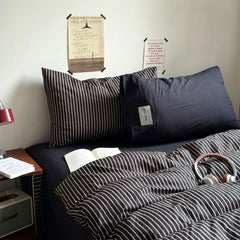 YICKYUE  -  Simple Striped Bedding Set Washable Cotton Dark Gray Quilt Cover With Pillowcases Bed Sheet Set Skin-Friendly Soft Single Twin