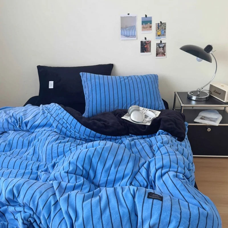 YICKYUE  -  Simple Style Bedding Set Milk Velvet Nordic Striped Duvet Cover Set+Bed Sheet Twin Queen Winter Home Bed Linens Drop Shipping