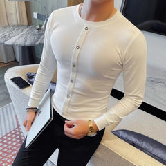 HEARUJOY  -  Men's New Fashion Minimalist Slim Fit Crew Neck T-shirt Unique Button Panel Design Stylish Basic Layering Top
