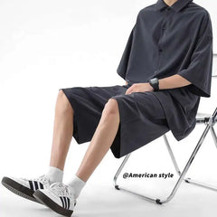 HEARUJOY  -  Summer White Shirt Set Men Fashion Shirts Shorts Two-piece Set Men Korean Loose Ice Silk Set Mens Formal Sets Large Size 5XL