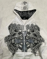 Hearujoy Affliction Hoodie Retro Gothic Skull Oversize Zipper Hoodie Mens Womens Hip Hop Casual Sweatshirt Personality Hooded Jacket Coat
