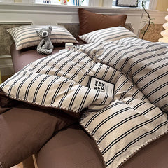 YICKYUE  -  Nordic Stripe Two-Tone Bedding Set High Quality Skin-Friendly Bedclothes with Shell Edge Comfort Colorfast Bed Sets for Single